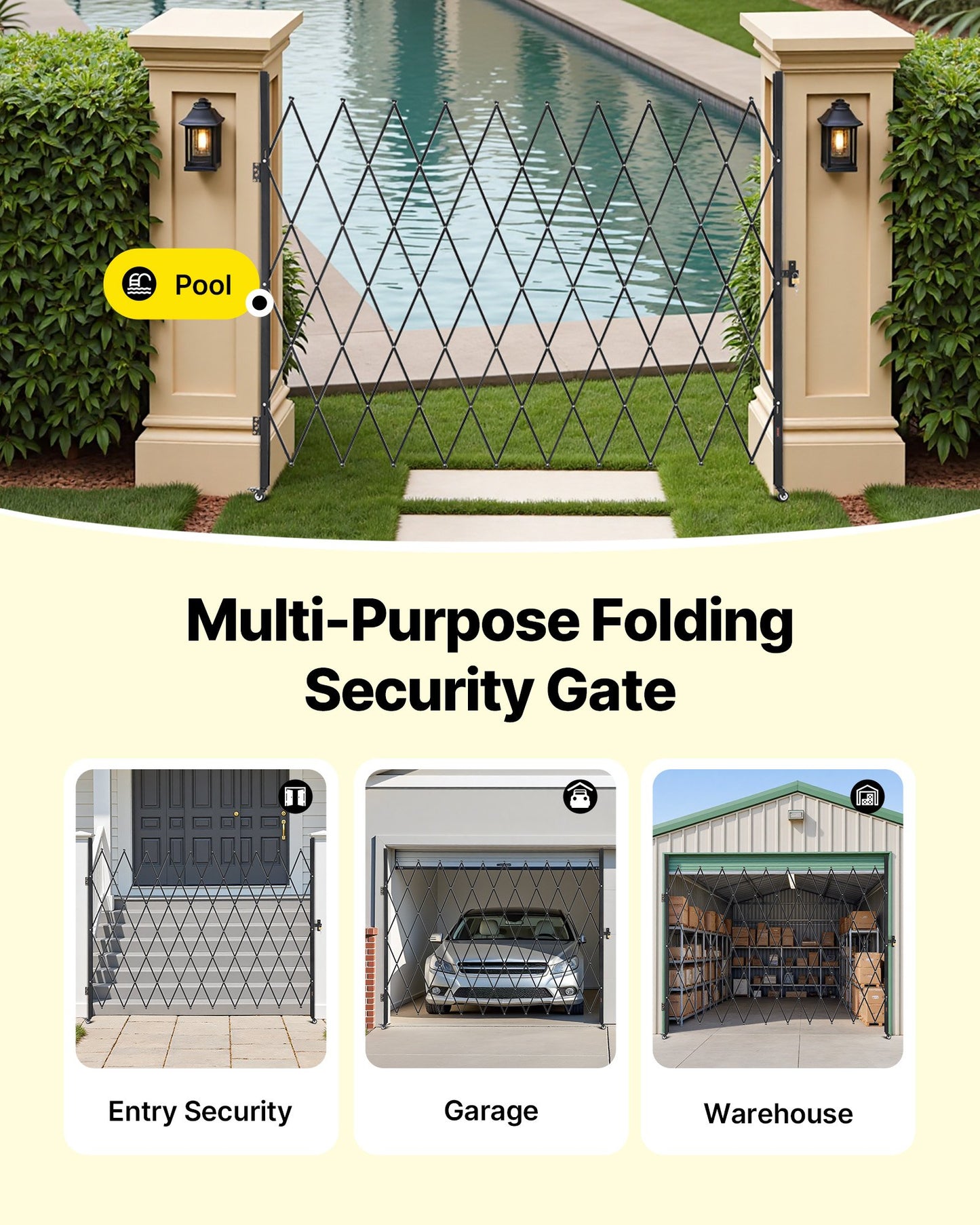 Single Folding Security Gate, Lockable Scissor Gate with 360° Swivel Casters, Outdoor Barricade Steel Retractable Gates, for Entry Security, Garage, Warehouse & Pool, 2400 x 2205 mm (W x H)