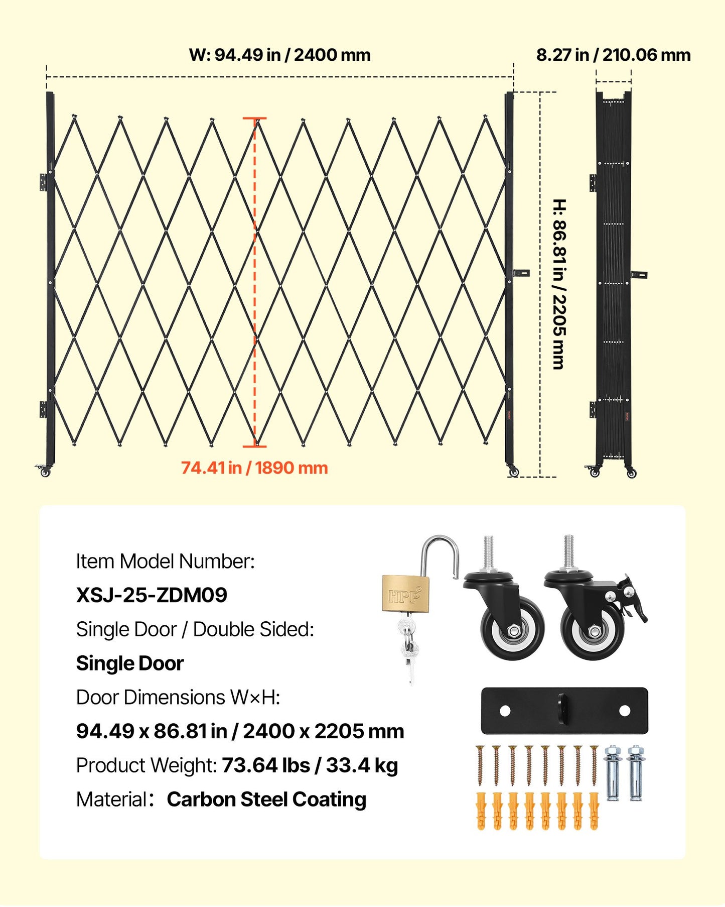 Single Folding Security Gate, Lockable Scissor Gate with 360° Swivel Casters, Outdoor Barricade Steel Retractable Gates, for Entry Security, Garage, Warehouse & Pool, 2400 x 2205 mm (W x H)