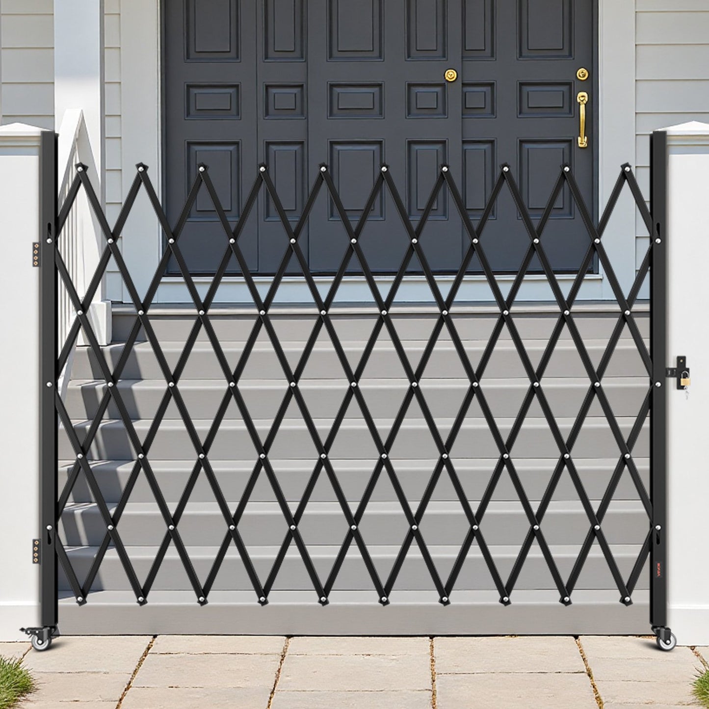 Single Folding Security Gate, Lockable Scissor Gate with 360° Swivel Casters, Outdoor Barricade Steel Retractable Gates, for Entry Security, Garage, Warehouse & Pool, 2400 x 2205 mm (W x H)