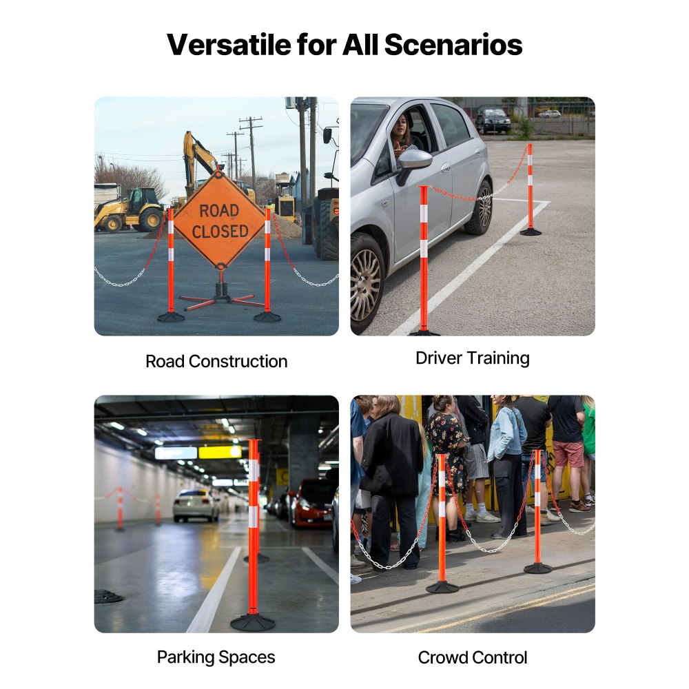 2 Packs Traffic Delineator Posts 871mm Safety Cones Weighted Base & Chains