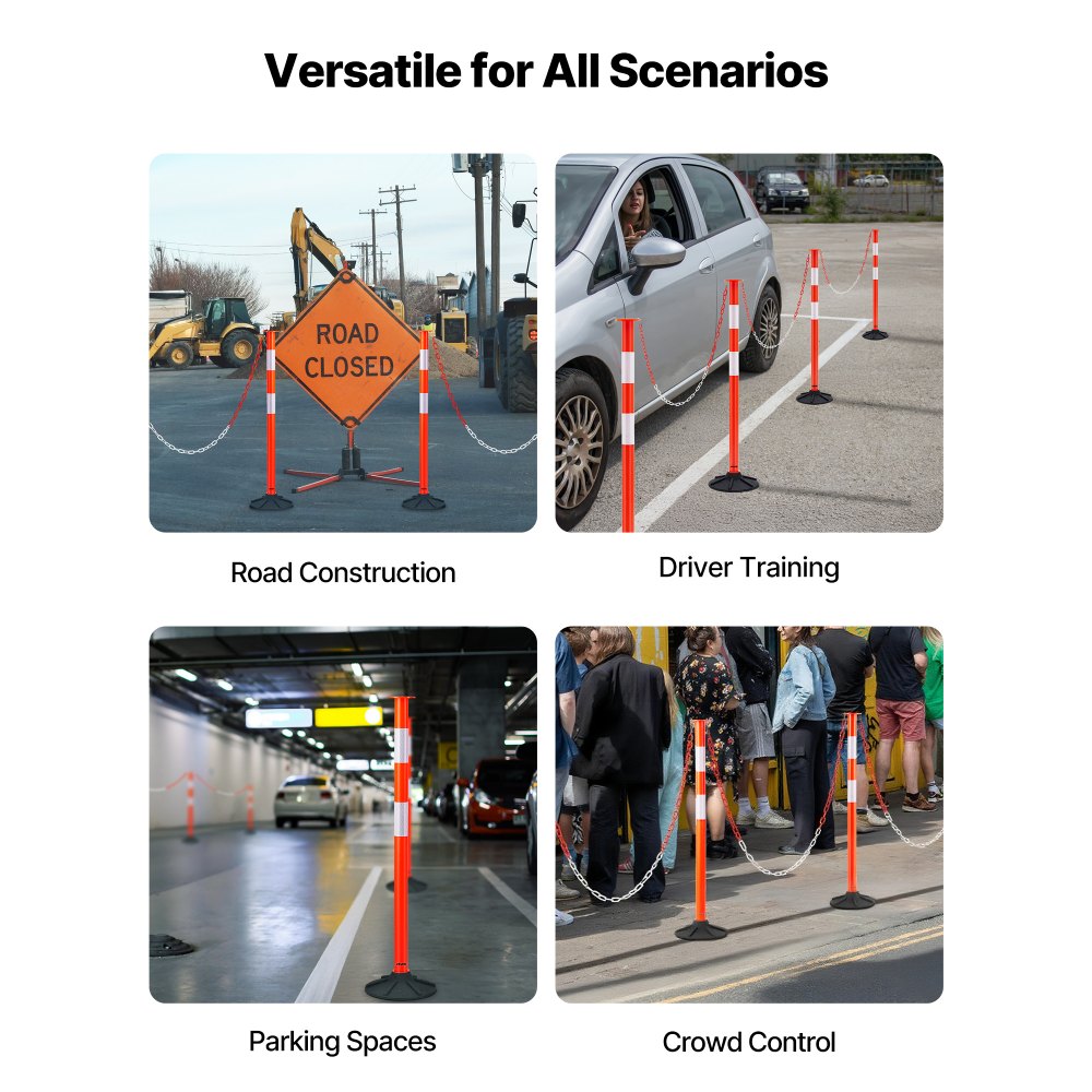 4 Pack Traffic Delineator Posts, 871 mm Traffic Safety Cones with Weighted Base, Reflective Strips and Chain, Heavy Duty