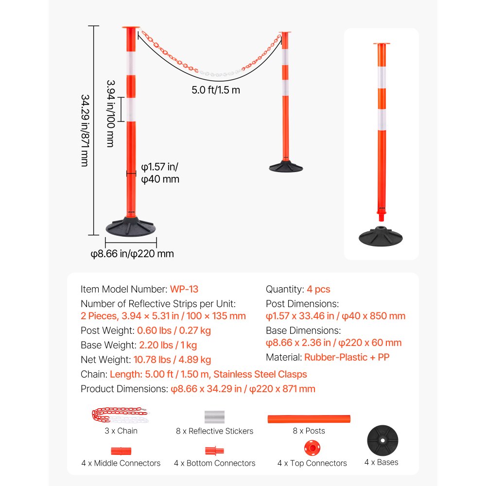 4 Pack Traffic Delineator Posts, 871 mm Traffic Safety Cones with Weighted Base, Reflective Strips and Chain, Heavy Duty