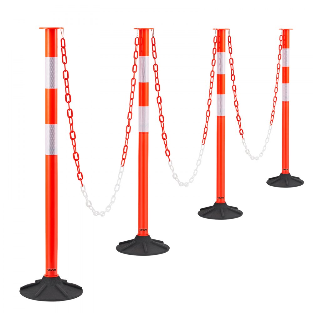 4 Pack Traffic Delineator Posts, 871 mm Traffic Safety Cones with Weighted Base, Reflective Strips and Chain, Heavy Duty