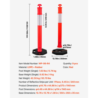 9 Pack Traffic Delineator Posts 1140 mm Traffic Safety Cones Weighted Base