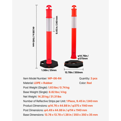 3 Pack Traffic Delineator Posts 1140 mm Traffic Safety Cones Weighted Base