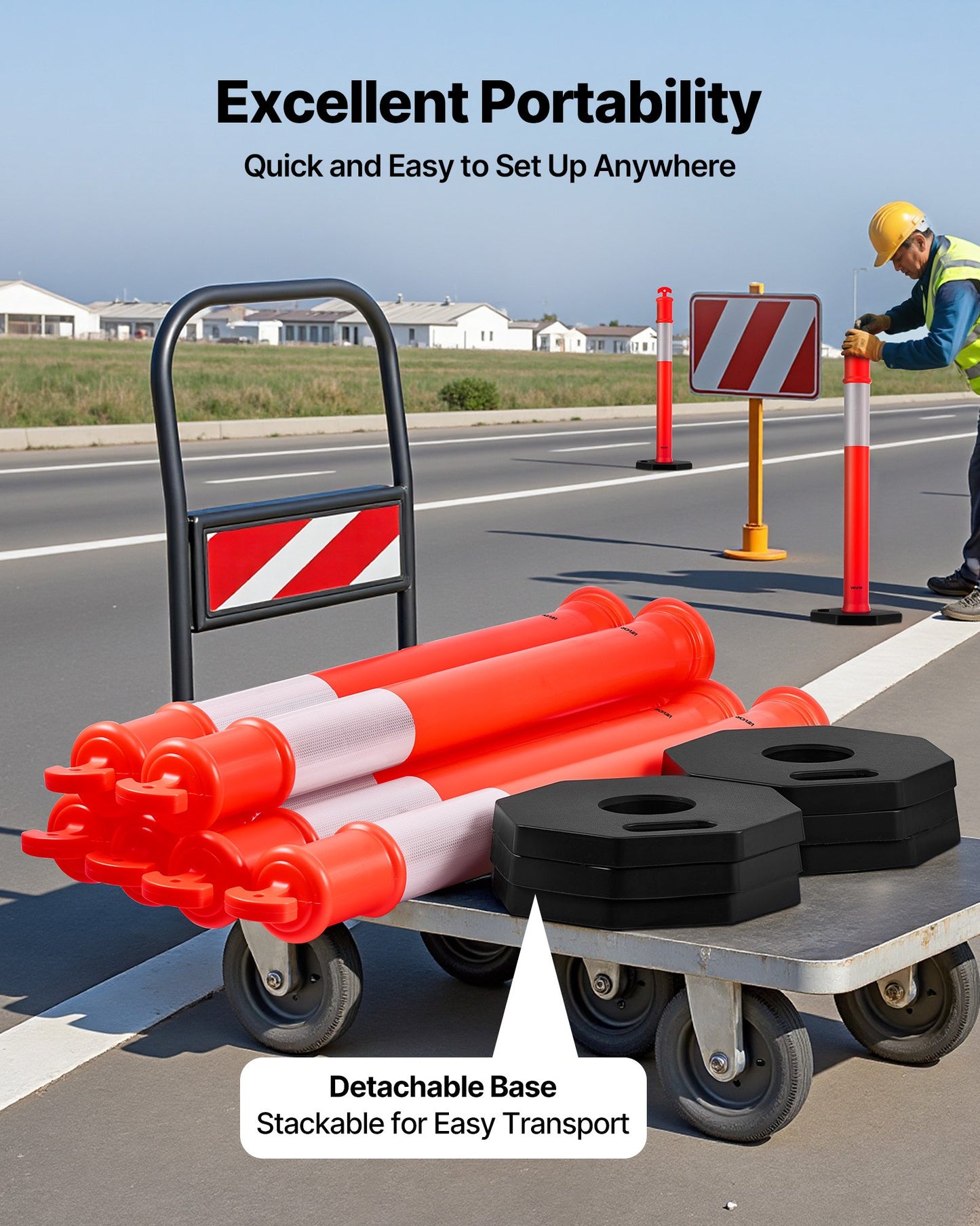 2 Pack Traffic Delineator Posts, 1140 mm Traffic Safety Cones with Weighted Base and Reflective Strips, Heavy Duty Delineator Posts for Construction Site, Parking Lot, Crowd Control, Red