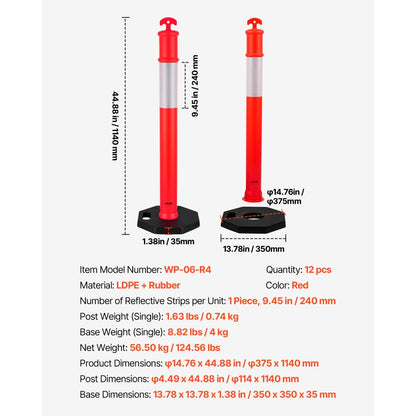 12 Pack Traffic Delineator Posts 1140mm Traffic Safety Cones Weighted Base