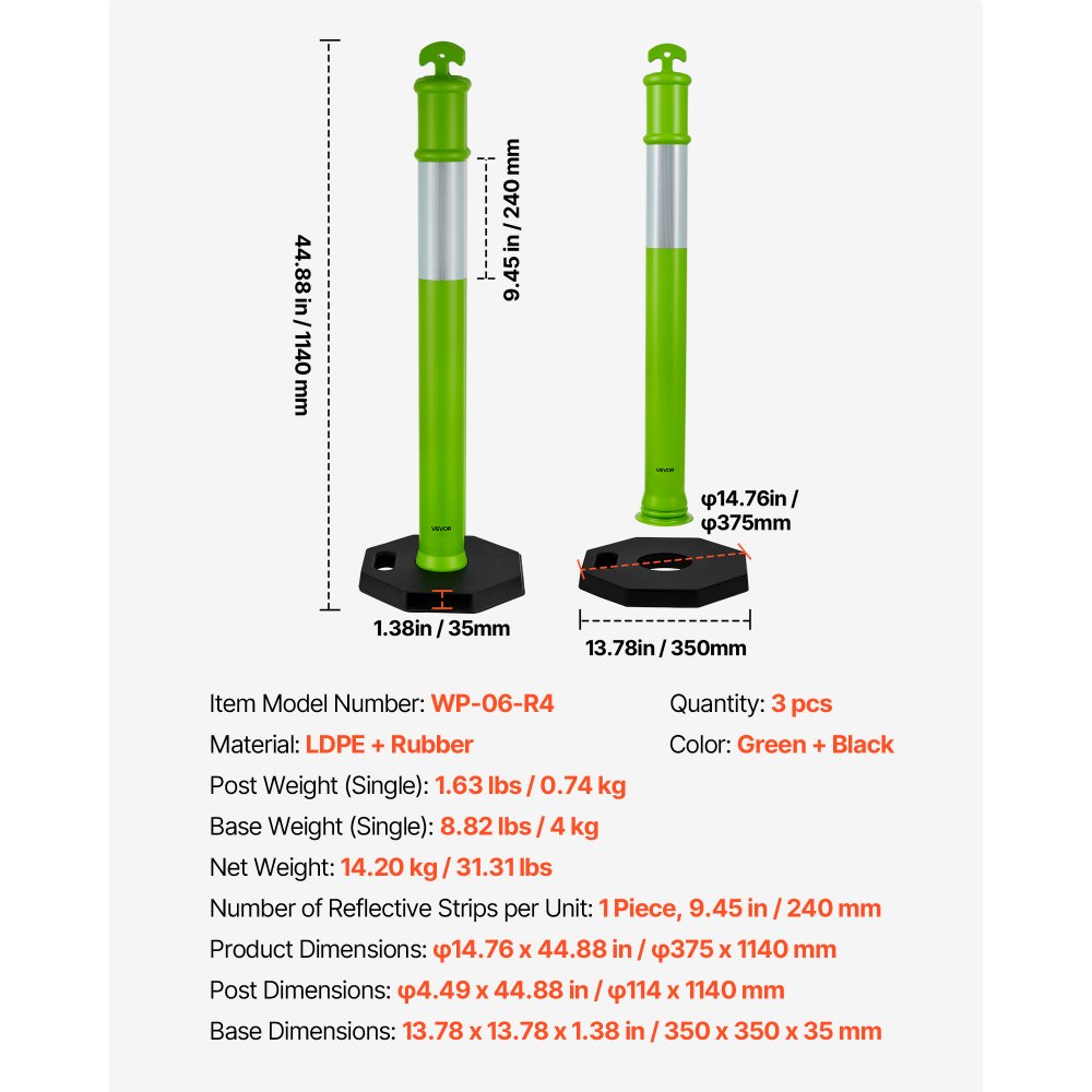 3 Packs Traffic Delineator Posts 1140 mm Safety Cones Weighted Base Green