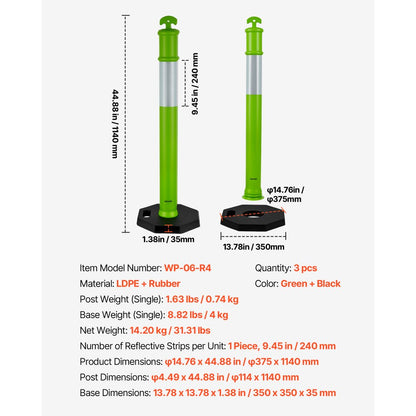 3 Packs Traffic Delineator Posts 1140 mm Safety Cones Weighted Base Green