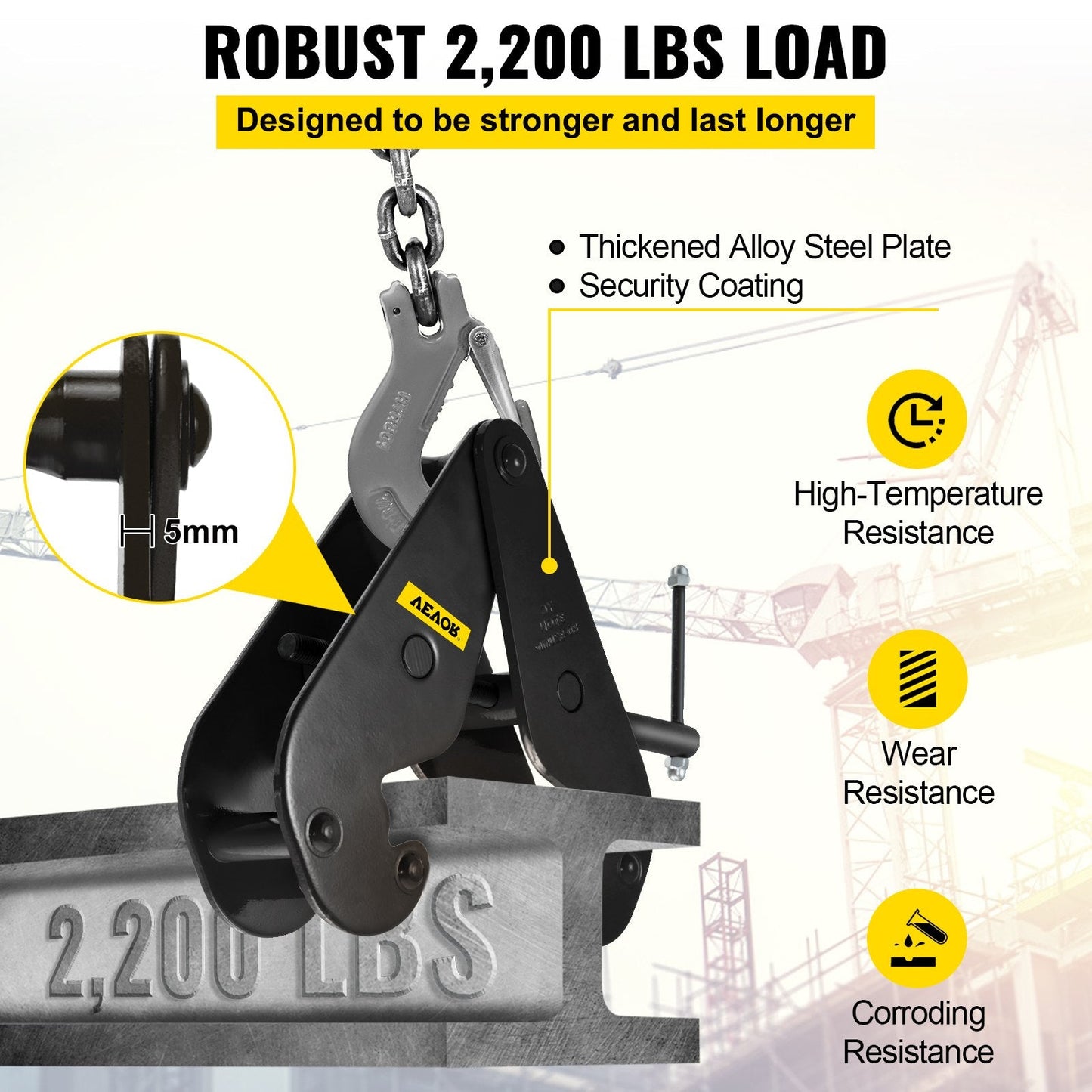1 Ton (1000 kg) Black Steel Beam Lifting Clamp with Wide Opening and Manual Rod