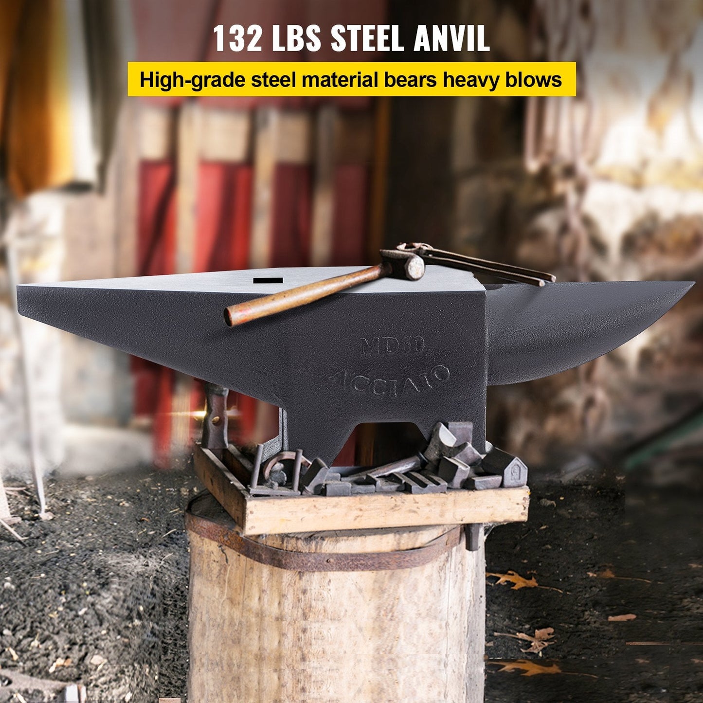 Heavy-Duty Steel Blacksmith Anvil with Round Horn, 60 kg, Dual Holes for Metalwork