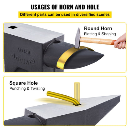 Heavy-Duty Steel Blacksmith Anvil with Round Horn, 60 kg, Dual Holes for Metalwork