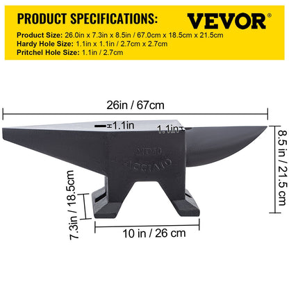 Heavy-Duty Steel Blacksmith Anvil with Round Horn, 60 kg, Dual Holes for Metalwork