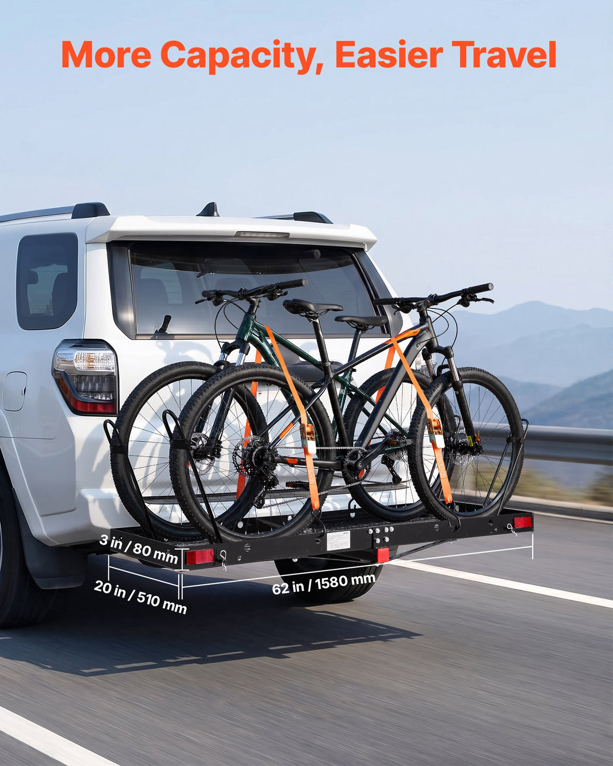 Hitch Cargo Carrier with Bike Racks, 1580 x 510 x 80 mm Hitch Mount Cargo Carrier for 2 Mountain Bikes, 227KG Capacity High-Strength Steel Rear Luggage Basket Fits 2" Receiver for SUVs Pickups
