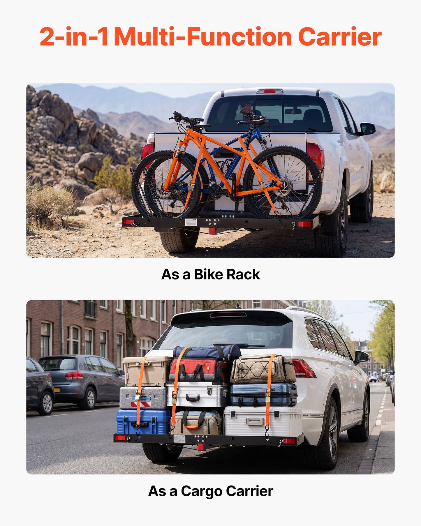 Hitch Cargo Carrier with Bike Racks, 1580 x 510 x 80 mm Hitch Mount Cargo Carrier for 2 Mountain Bikes, 227KG Capacity High-Strength Steel Rear Luggage Basket Fits 2" Receiver for SUVs Pickups