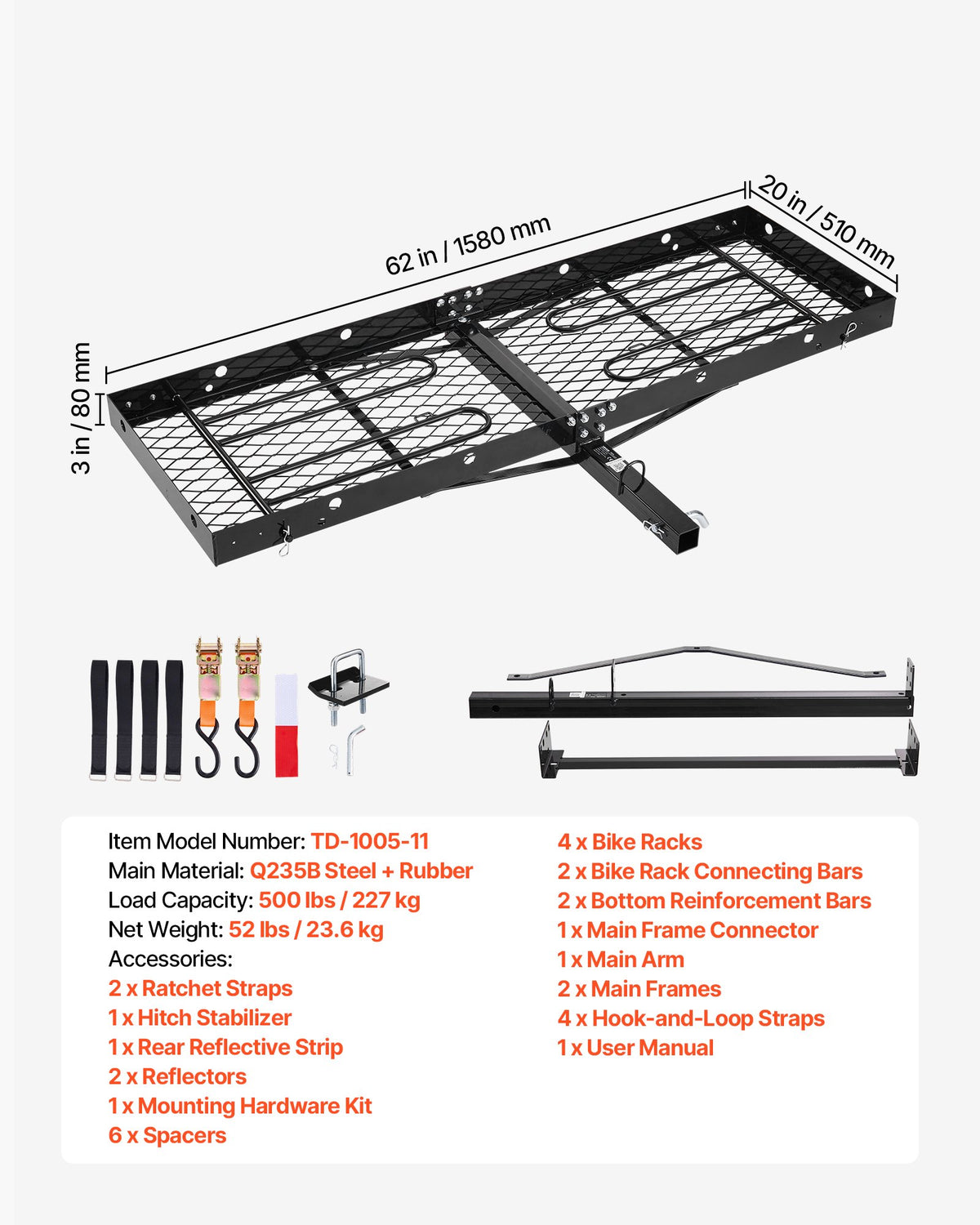 Hitch Cargo Carrier with Bike Racks, 1580 x 510 x 80 mm Hitch Mount Cargo Carrier for 2 Mountain Bikes, 227KG Capacity High-Strength Steel Rear Luggage Basket Fits 2" Receiver for SUVs Pickups