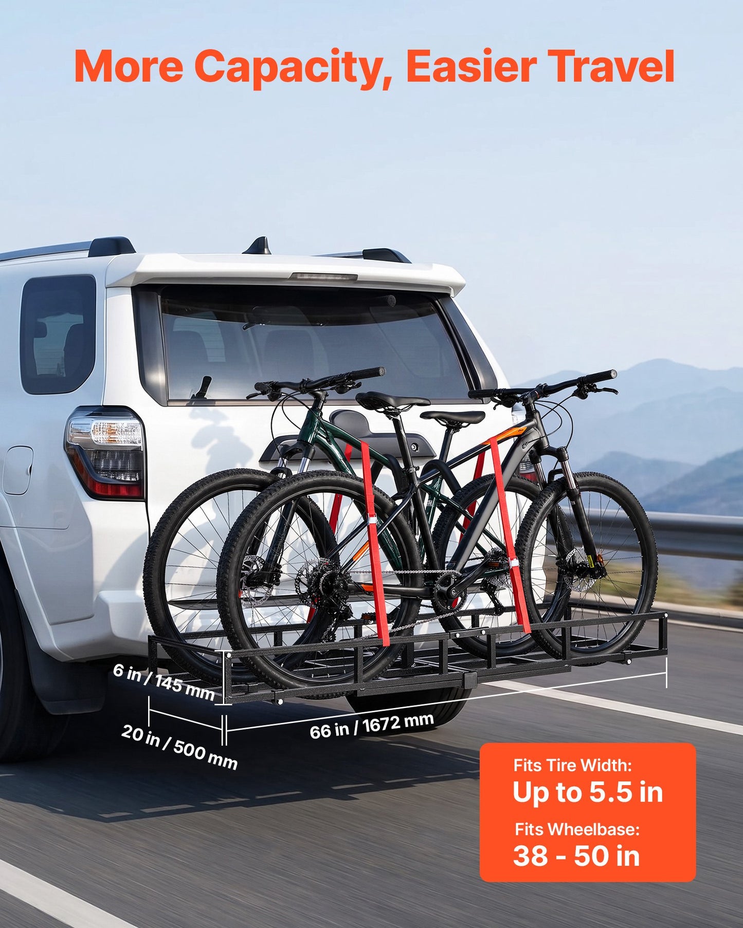 Hitch Cargo Carrier Bike Rack, 1672 x 500 x 145 mm Folding Hitch Mount Cargo Carrier for 2 Fat Tire/Mountain Bikes, 227KG Capacity High-Strength Luggage Basket Fits 2" Receiver for SUV Pickups