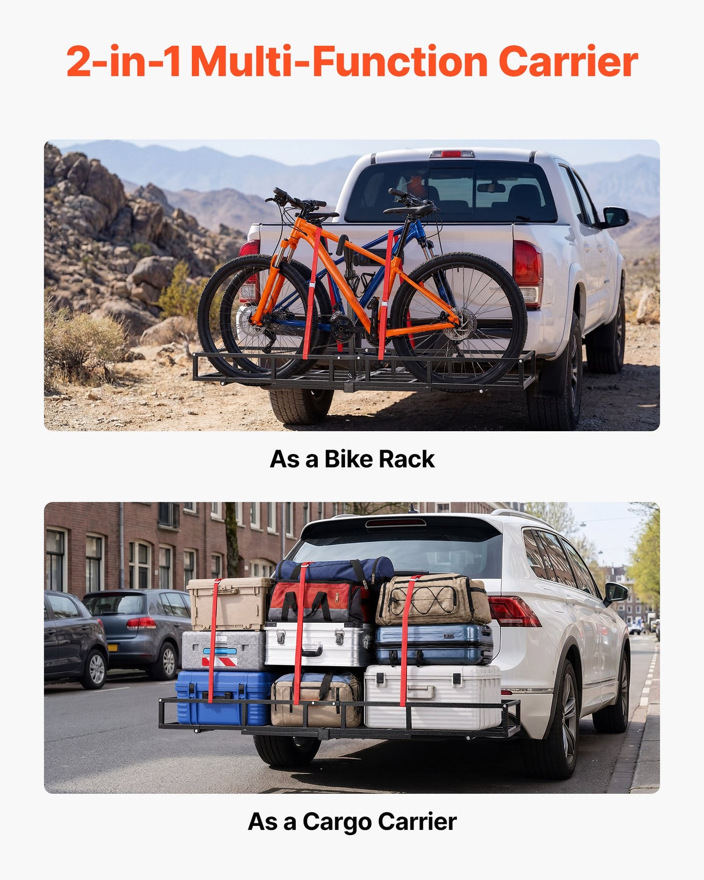 Hitch Cargo Carrier Bike Rack, 1672 x 500 x 145 mm Folding Hitch Mount Cargo Carrier for 2 Fat Tire/Mountain Bikes, 227KG Capacity High-Strength Luggage Basket Fits 2" Receiver for SUV Pickups