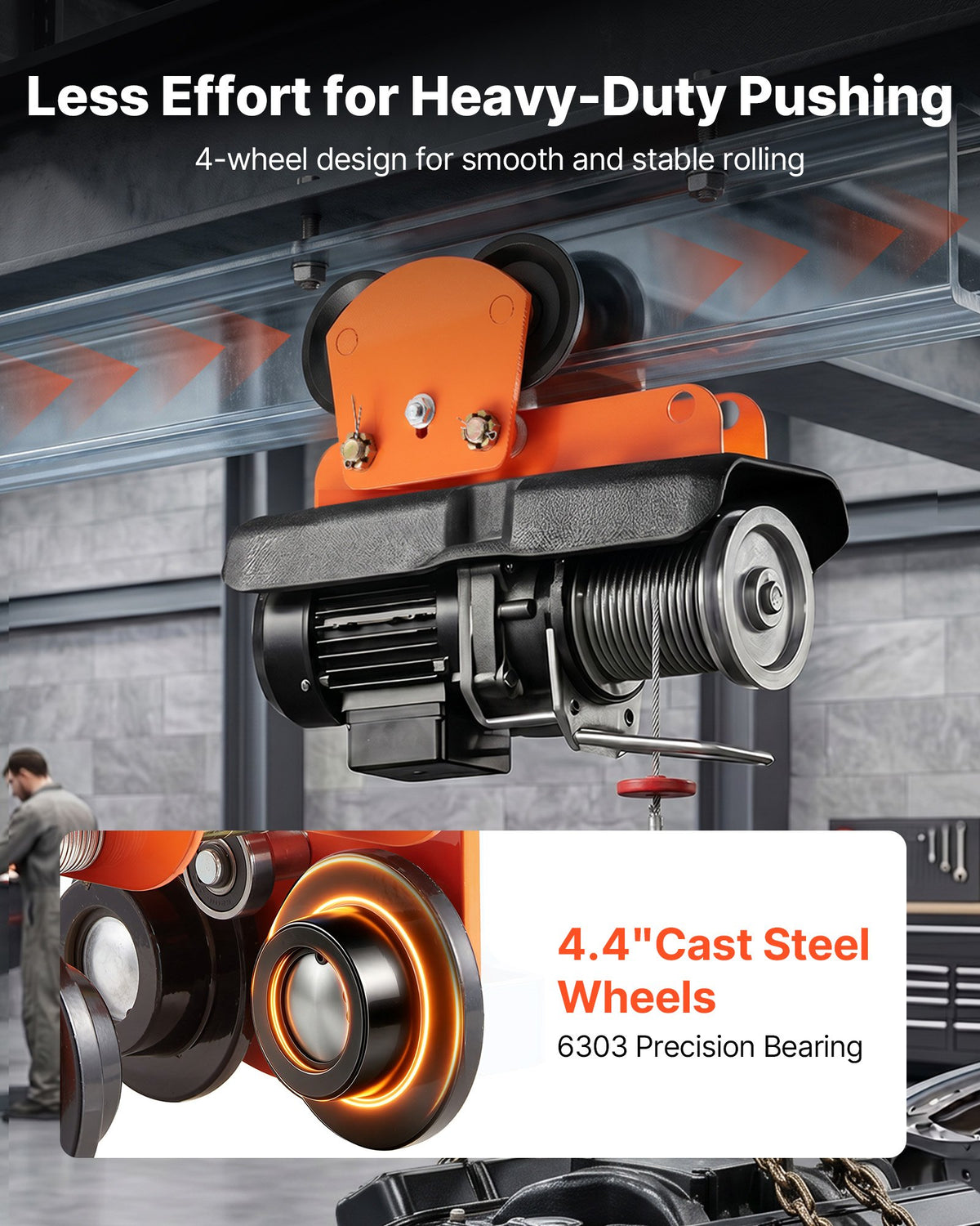 Electric Hoist Manual Trolley, 1 Ton Load Capacity for PA600 PA700 PA800 PA900 PA1000, Push Beam Trolley with Dual Wheels, 68-110 mm Adjustable Beam Flange Width for Straight & Curved I-Beam