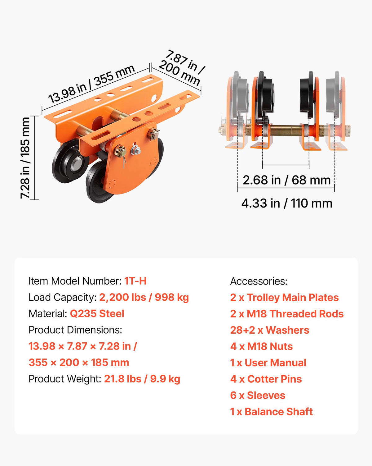 Electric Hoist Manual Trolley, 1 Ton Load Capacity for PA600 PA700 PA800 PA900 PA1000, Push Beam Trolley with Dual Wheels, 68-110 mm Adjustable Beam Flange Width for Straight & Curved I-Beam