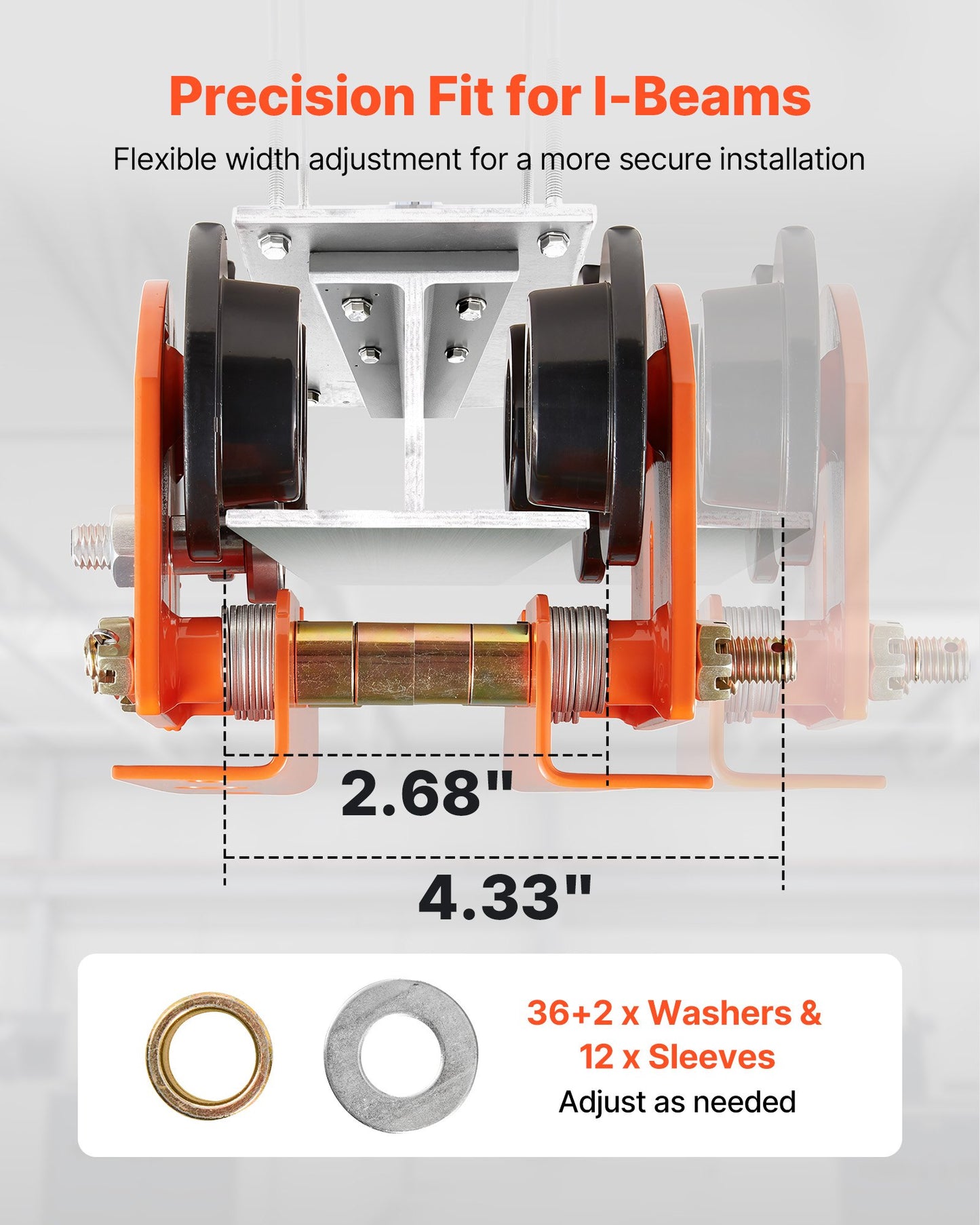 Electric Hoist Manual Trolley, 0.5 Ton Load Capacity for PA200 PA250 PA300 PA400 PA500, Push Beam Trolley with Dual Wheels, 68-110 mm Adjustable Beam Flange Width for Straight & Curved I-Beam