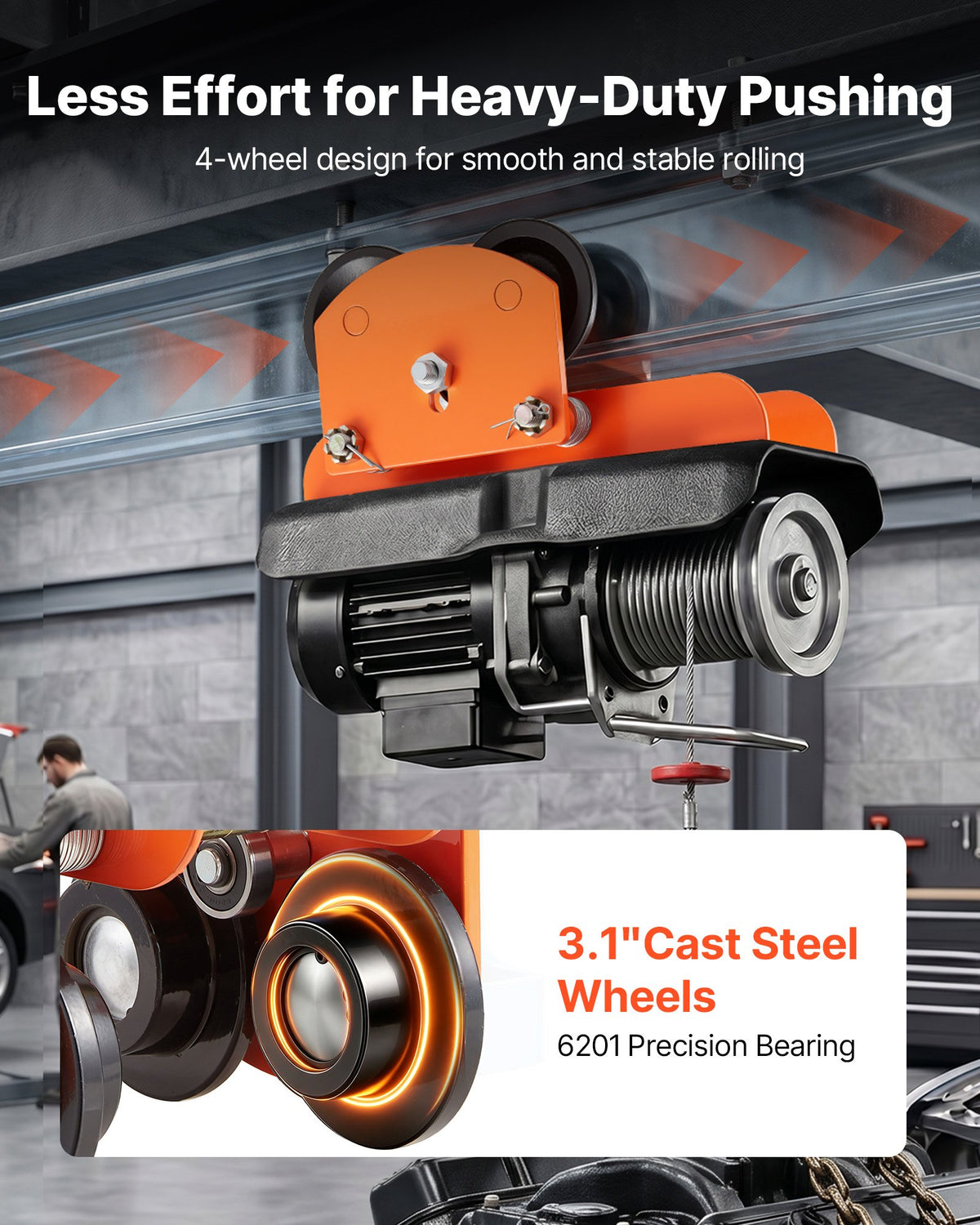 Electric Hoist Manual Trolley, 0.5 Ton Load Capacity for PA200 PA250 PA300 PA400 PA500, Push Beam Trolley with Dual Wheels, 68-110 mm Adjustable Beam Flange Width for Straight & Curved I-Beam