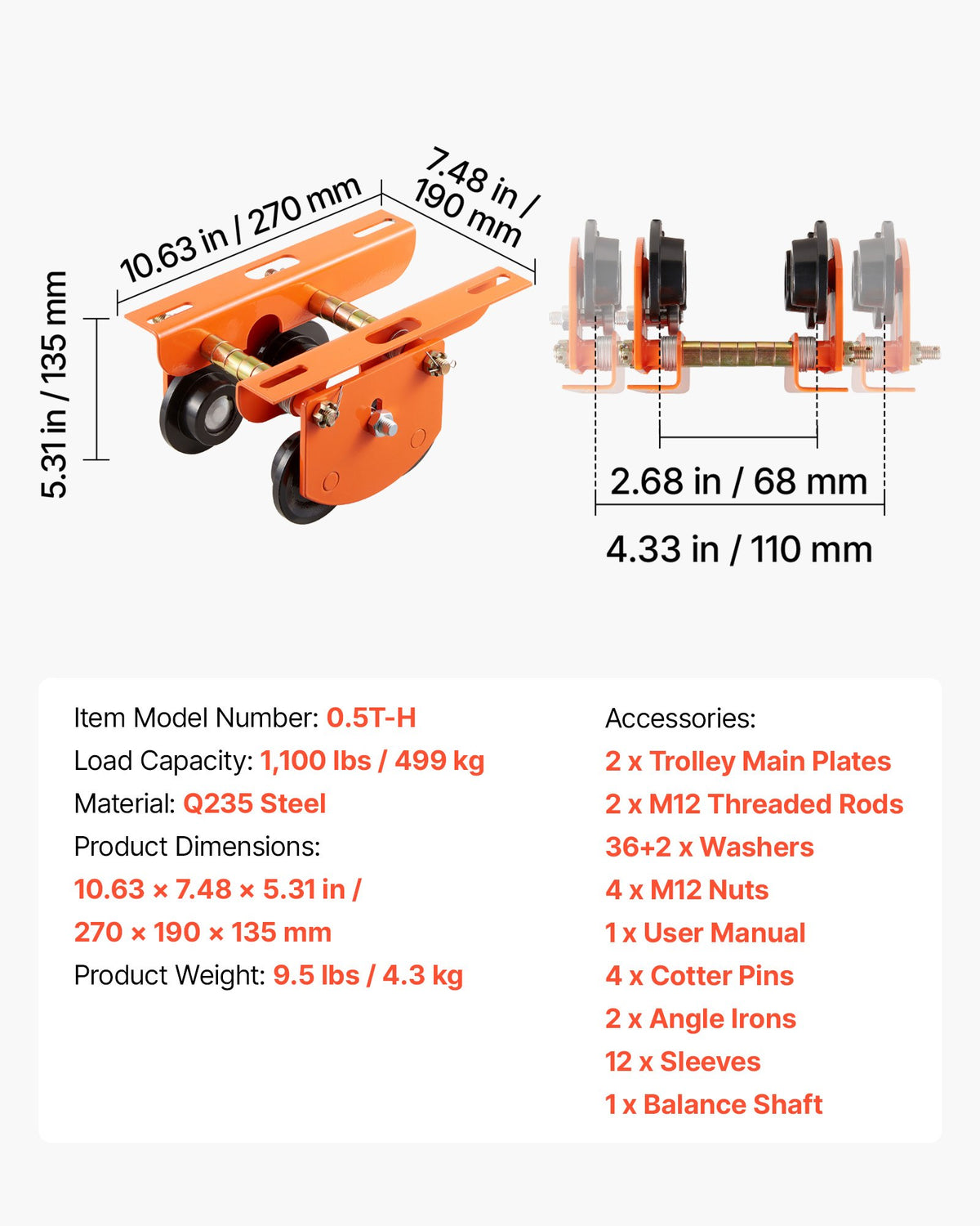 Electric Hoist Manual Trolley, 0.5 Ton Load Capacity for PA200 PA250 PA300 PA400 PA500, Push Beam Trolley with Dual Wheels, 68-110 mm Adjustable Beam Flange Width for Straight & Curved I-Beam