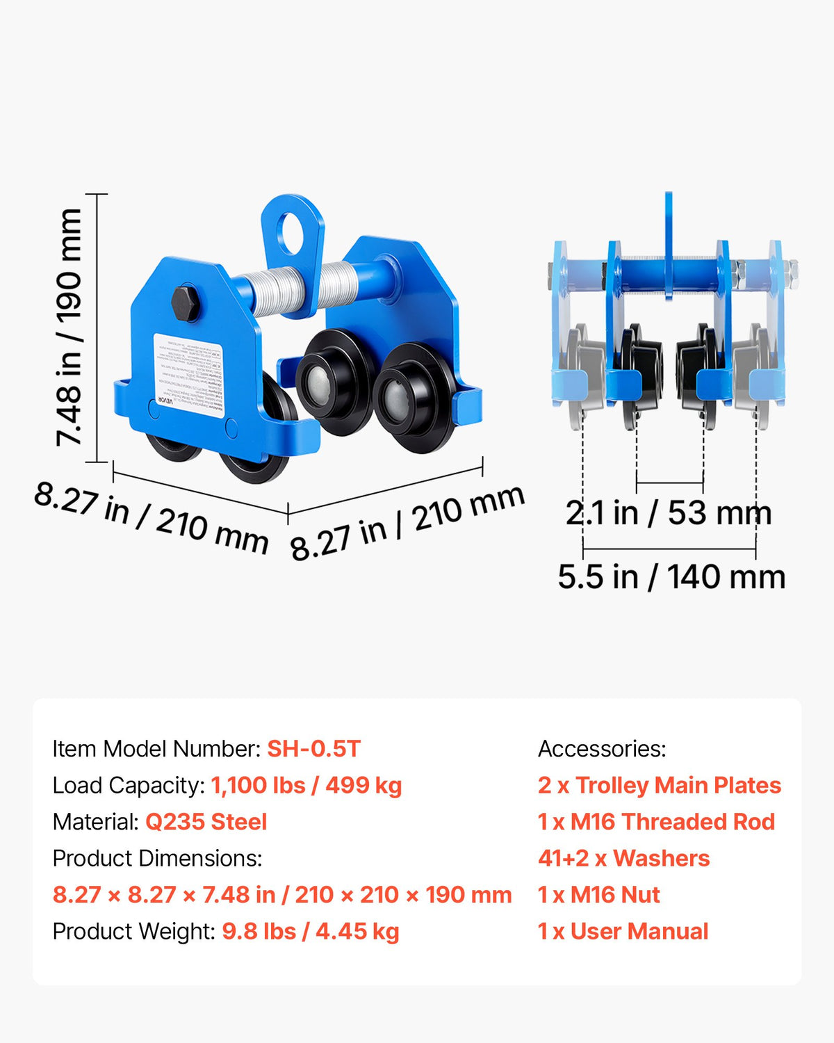 Manual Trolley, 0.5 Ton Load Capacity, Push Beam Trolley with Dual Wheels, Adjustable for I-Beam Flange Width 53 mm to 140 mm, Heavy Duty Carbon Steel Garage Hoist for Straight & Curved I Beam