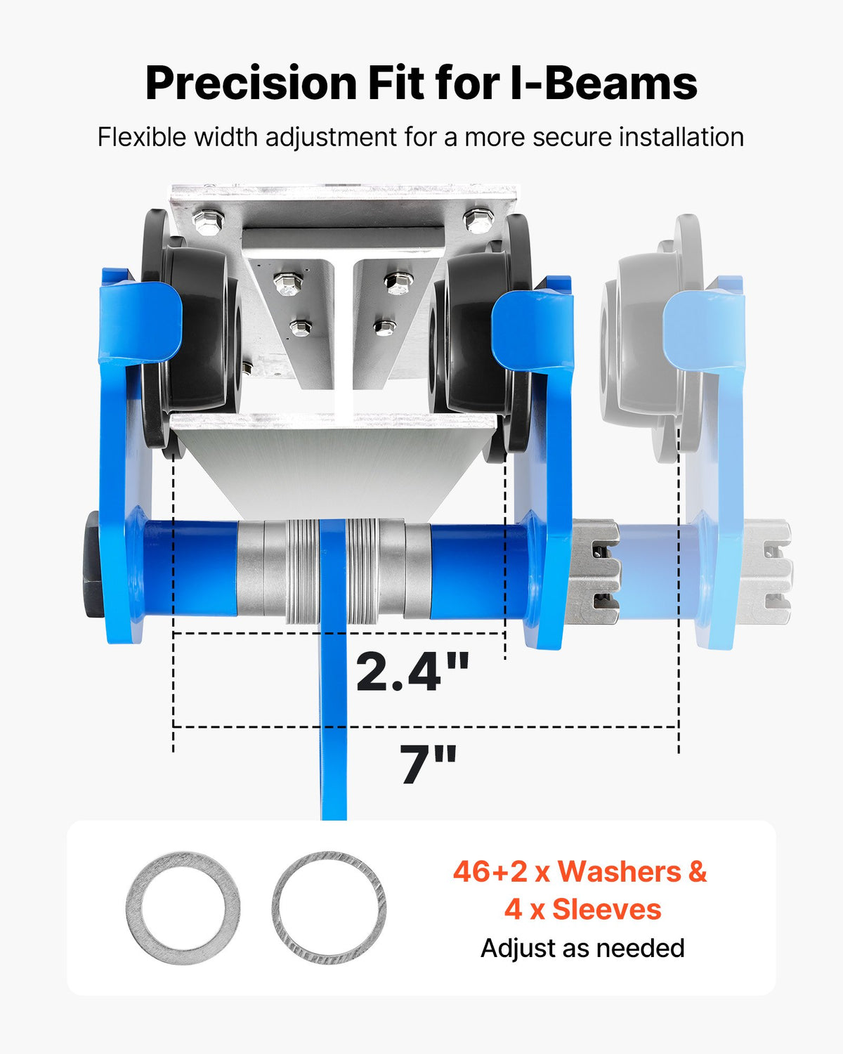 Manual Trolley, 2 Ton Load Capacity, Push Beam Trolley with Dual Wheels, Adjustable for I-Beam Flange Width 61 mm to 178 mm, Heavy Duty Carbon Steel Garage Hoist for Straight & Curved I Beam