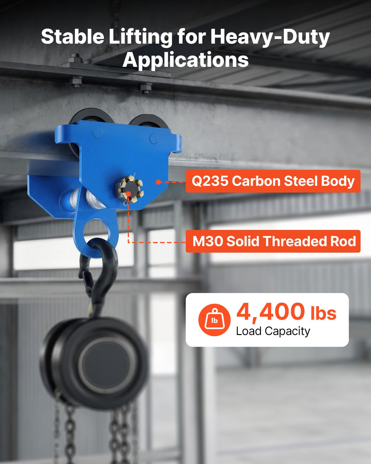 Manual Trolley, 2 Ton Load Capacity, Push Beam Trolley with Dual Wheels, Adjustable for I-Beam Flange Width 61 mm to 178 mm, Heavy Duty Carbon Steel Garage Hoist for Straight & Curved I Beam