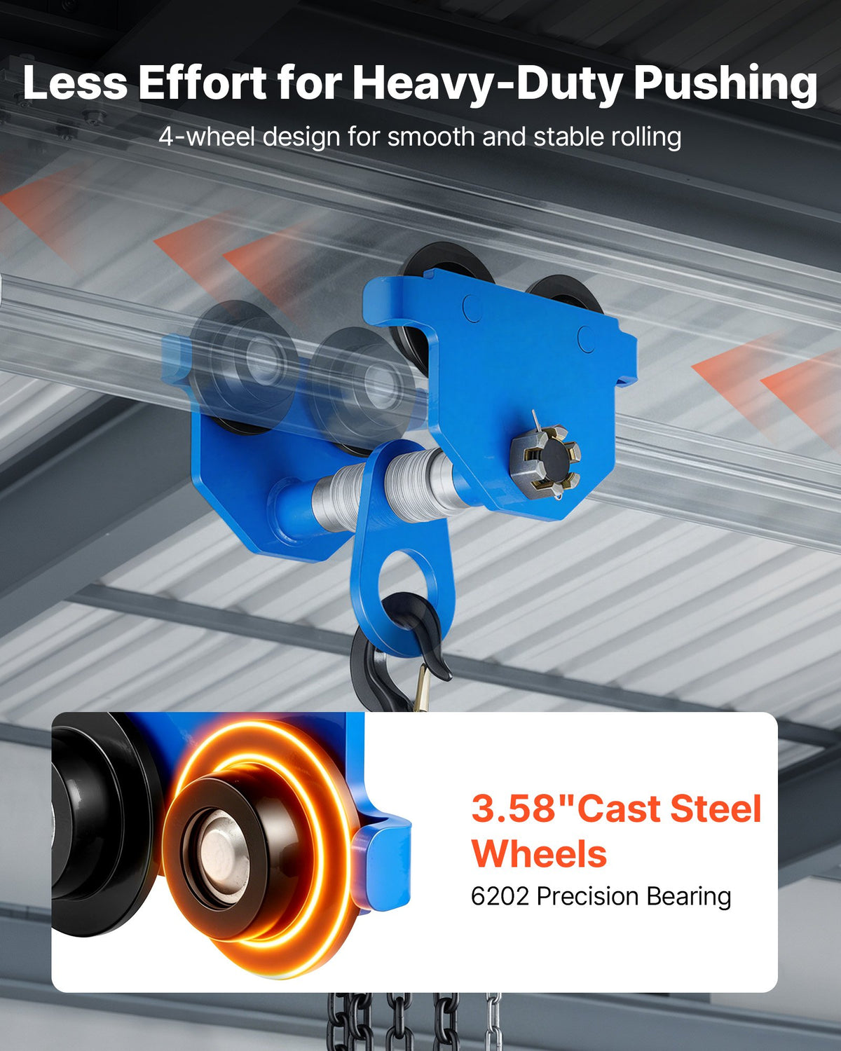 Manual Trolley, 2 Ton Load Capacity, Push Beam Trolley with Dual Wheels, Adjustable for I-Beam Flange Width 61 mm to 178 mm, Heavy Duty Carbon Steel Garage Hoist for Straight & Curved I Beam