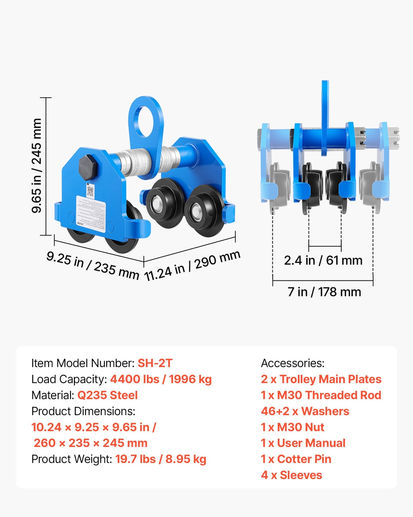 Manual Trolley, 2 Ton Load Capacity, Push Beam Trolley with Dual Wheels, Adjustable for I-Beam Flange Width 61 mm to 178 mm, Heavy Duty Carbon Steel Garage Hoist for Straight & Curved I Beam