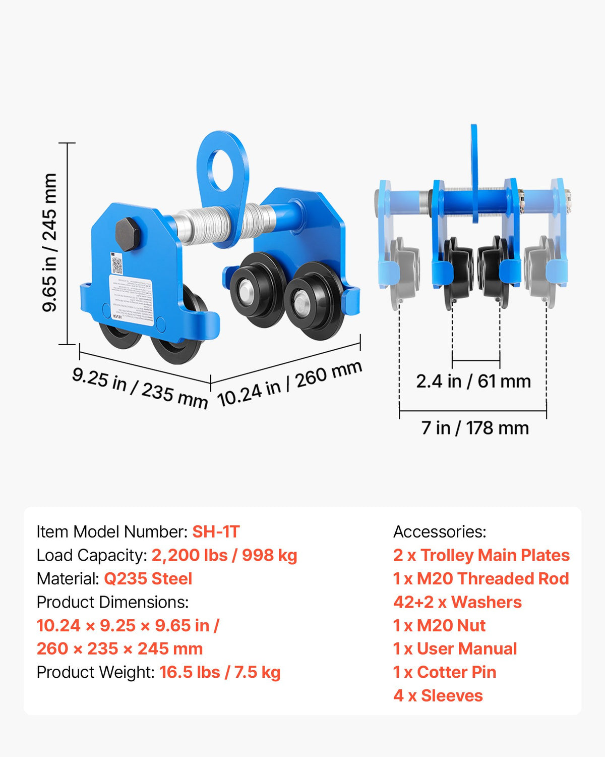Manual Trolley, 1 Ton Load Capacity, Push Beam Trolley with Dual Wheels, Adjustable for I-Beam Flange Width 61 mm to 178 mm, Heavy Duty Carbon Steel Garage Hoist for Straight & Curved I Beam