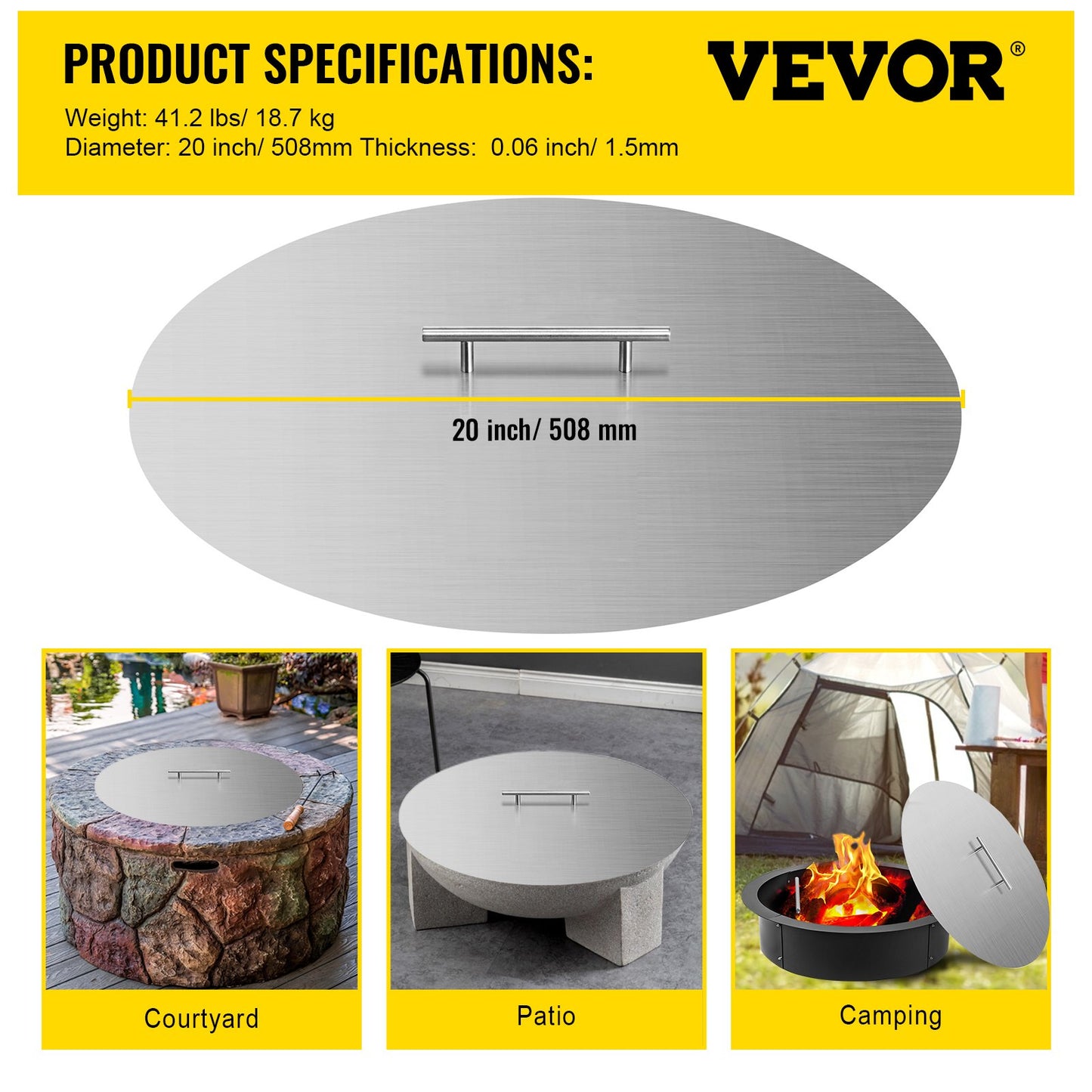 VEVOR Fire Pit Lid Round 20 Inch Fire Pit Ring Lid 1.5 mm Thick 304 Stainless Steel