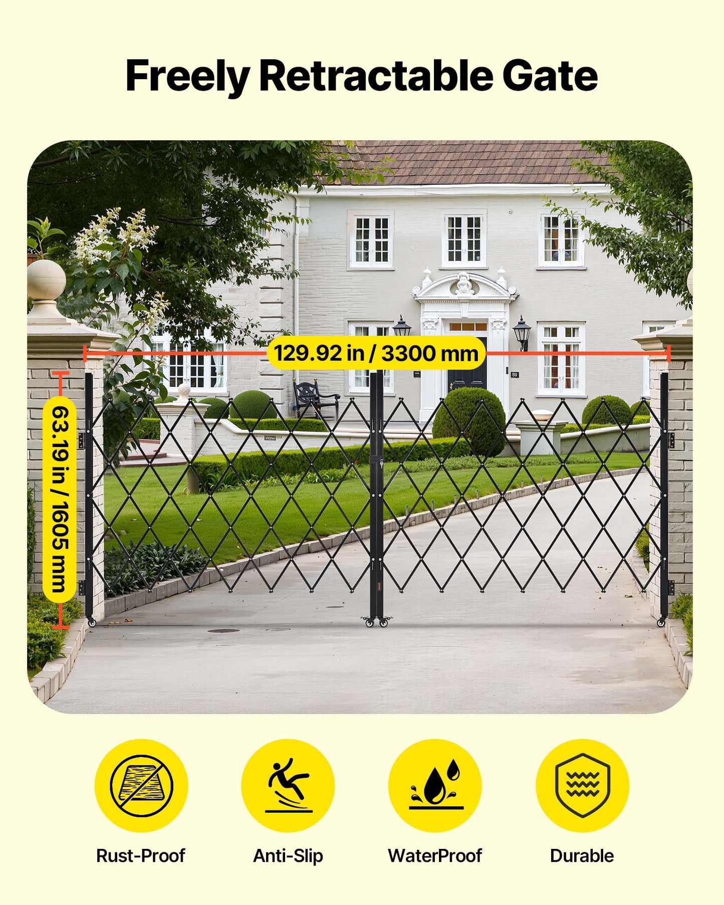 Double Folding Security Gate, Lockable Scissor Gate with 360° Swivel Casters, Outdoor Barricade Steel Retractable Gates, for Entry Security, Garage, Warehouse & Pool, 3300 x 1605 mm (W x H)