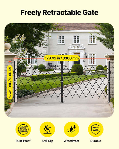 Double Folding Security Gate, Lockable Scissor Gate with 360° Swivel Casters, Outdoor Barricade Steel Retractable Gates, for Entry Security, Garage, Warehouse & Pool, 3300 x 1605 mm (W x H)