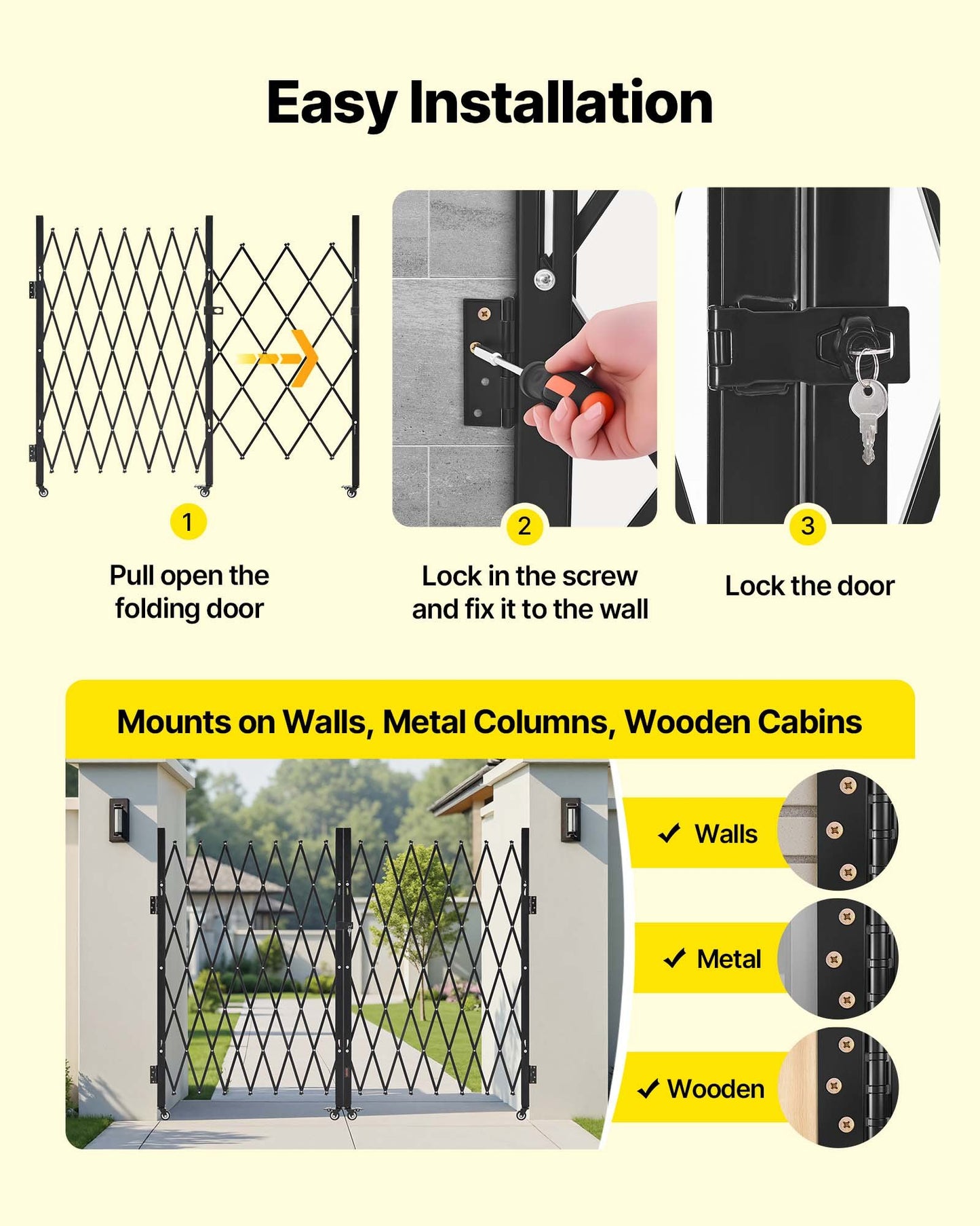 Double Folding Security Gate, Lockable Scissor Gate with 360° Swivel Casters, Outdoor Barricade Steel Retractable Gates, for Entry Security, Garage, Warehouse & Pool, 3300 x 1605 mm (W x H)