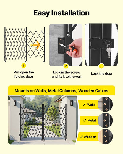 Double Folding Security Gate, Lockable Scissor Gate with 360° Swivel Casters, Outdoor Barricade Steel Retractable Gates, for Entry Security, Garage, Warehouse & Pool, 3300 x 1605 mm (W x H)