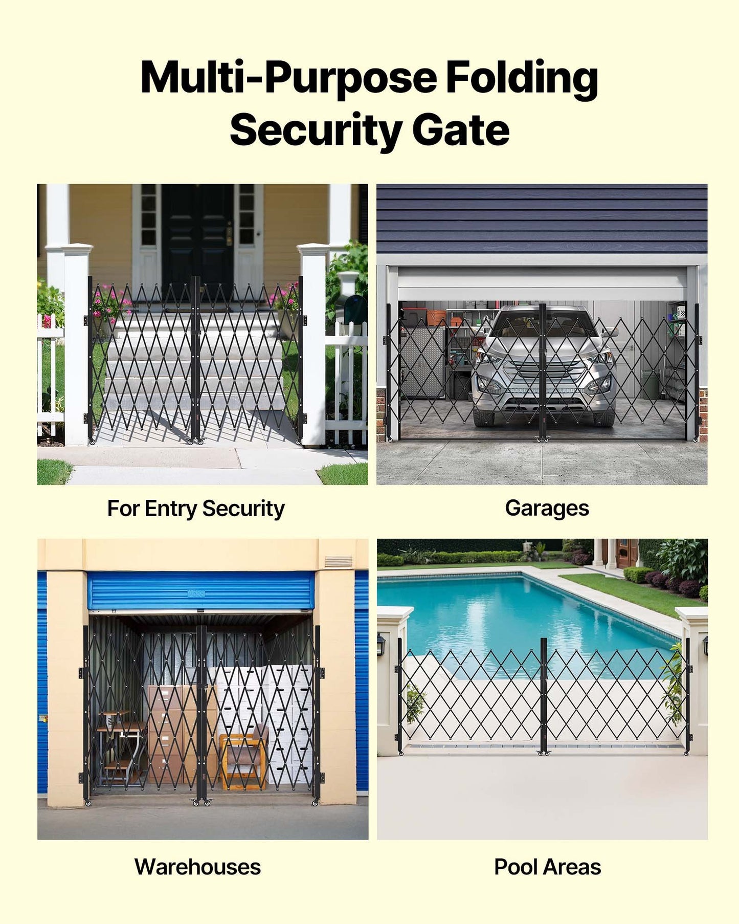 Double Folding Security Gate, Lockable Scissor Gate with 360° Swivel Casters, Outdoor Barricade Steel Retractable Gates, for Entry Security, Garage, Warehouse & Pool, 3300 x 1605 mm (W x H)