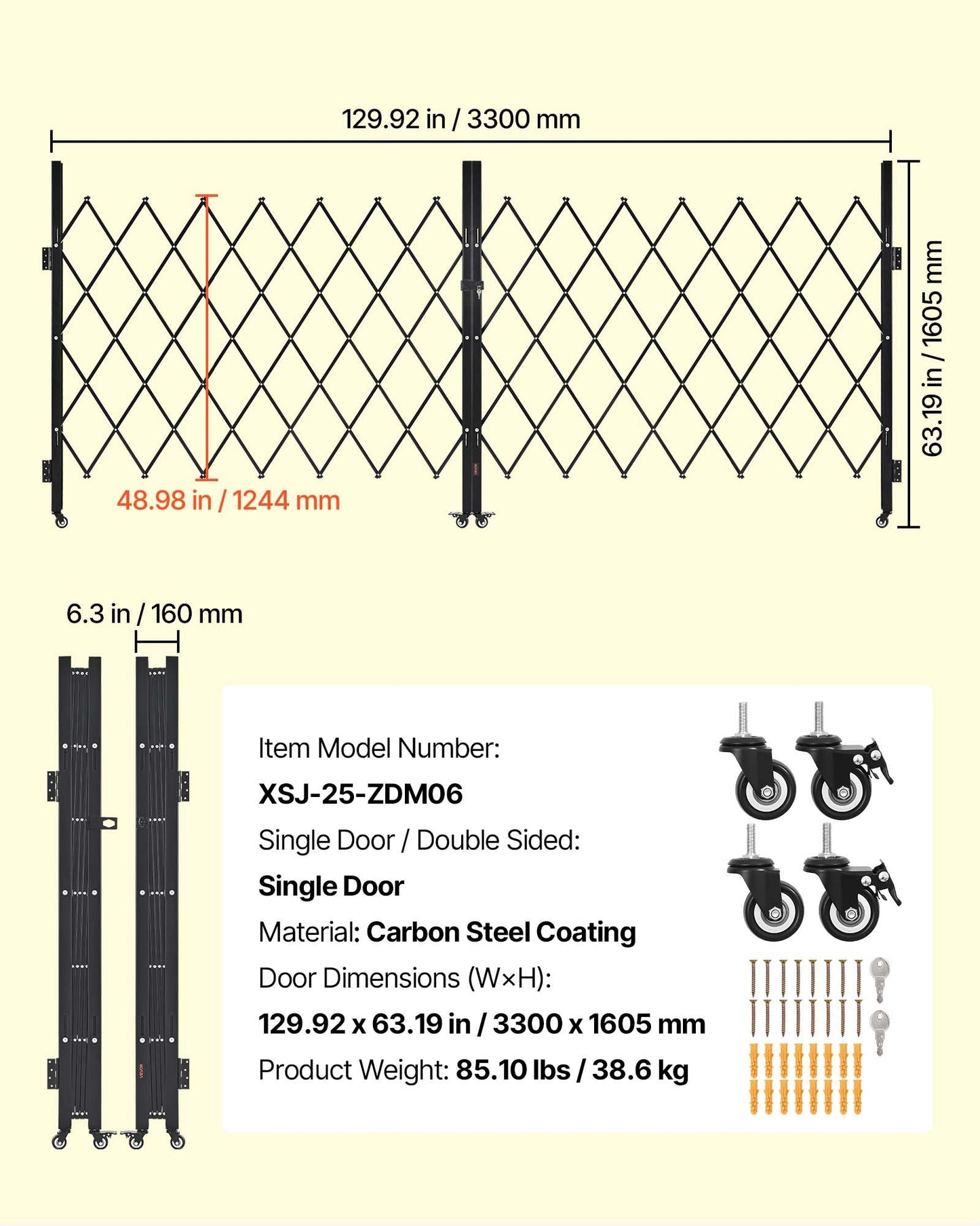 Double Folding Security Gate, Lockable Scissor Gate with 360° Swivel Casters, Outdoor Barricade Steel Retractable Gates, for Entry Security, Garage, Warehouse & Pool, 3300 x 1605 mm (W x H)