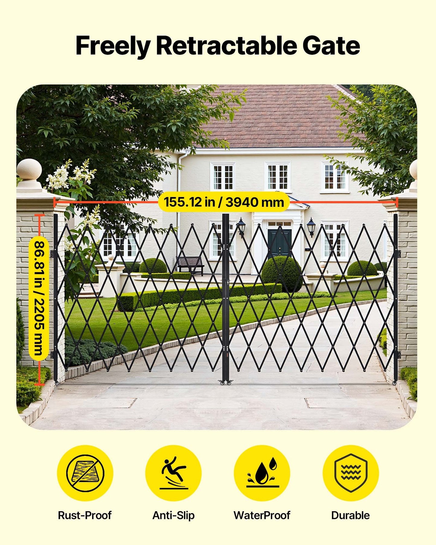 Double Folding Security Gate, Lockable Scissor Gate with 360° Swivel Casters, Outdoor Barricade Steel Retractable Gates, for Entry Security, Garage, Warehouse & Pool, 3940 x 2205 mm (W x H)