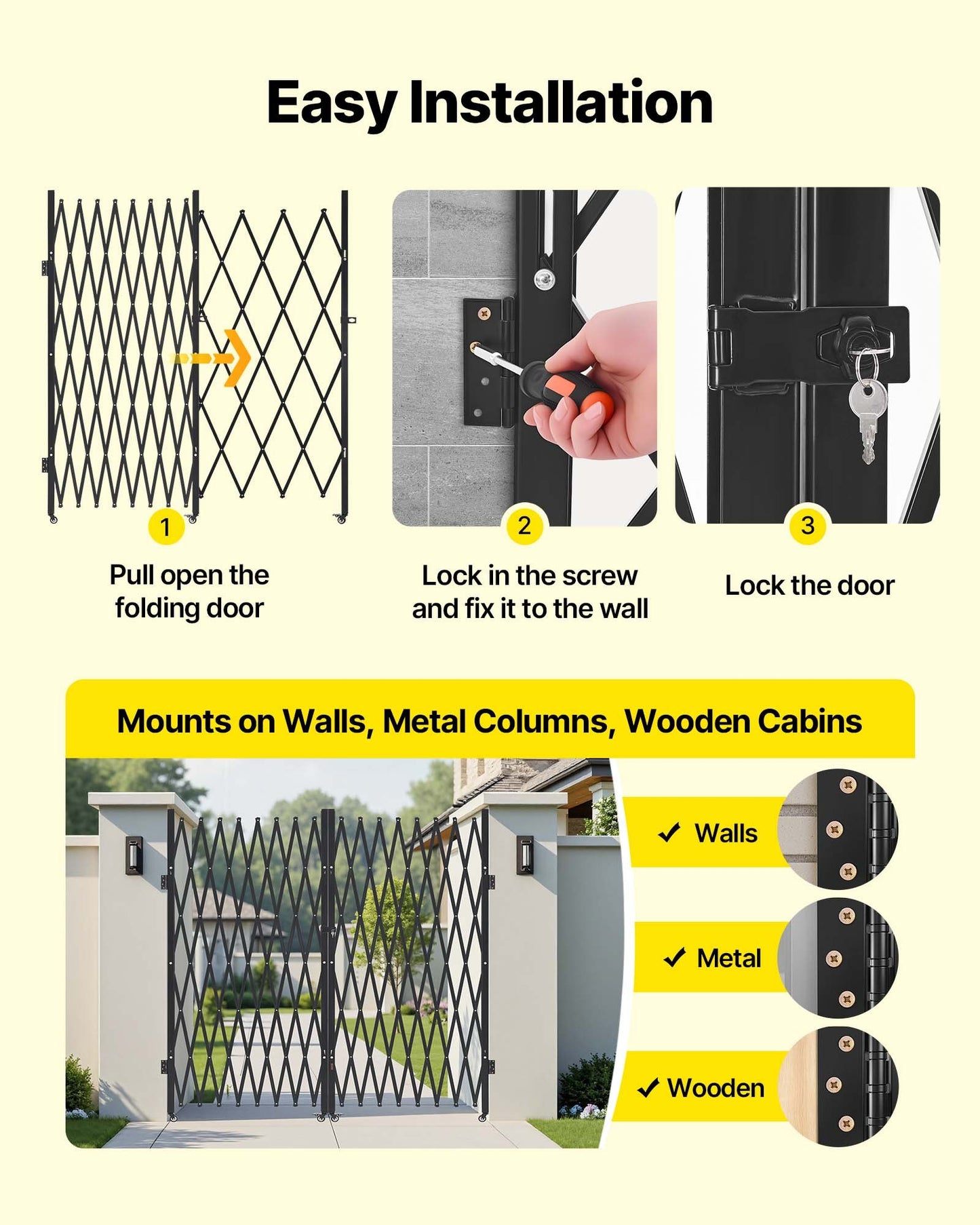 Double Folding Security Gate, Lockable Scissor Gate with 360° Swivel Casters, Outdoor Barricade Steel Retractable Gates, for Entry Security, Garage, Warehouse & Pool, 3940 x 2205 mm (W x H)