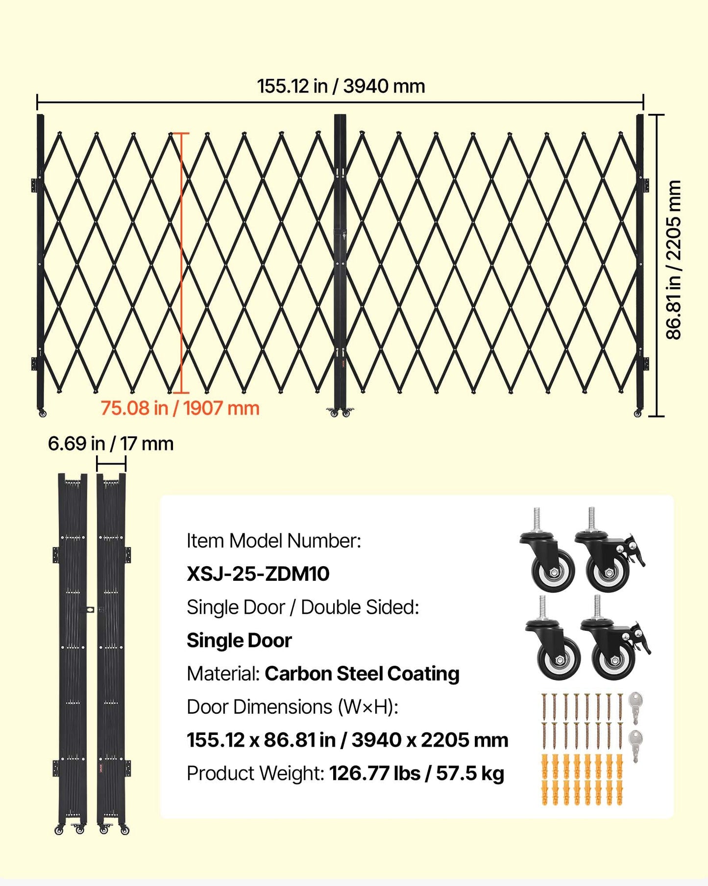 Double Folding Security Gate, Lockable Scissor Gate with 360° Swivel Casters, Outdoor Barricade Steel Retractable Gates, for Entry Security, Garage, Warehouse & Pool, 3940 x 2205 mm (W x H)