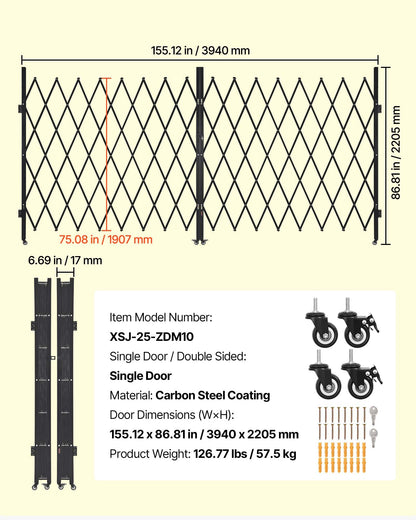 Double Folding Security Gate, Lockable Scissor Gate with 360° Swivel Casters, Outdoor Barricade Steel Retractable Gates, for Entry Security, Garage, Warehouse & Pool, 3940 x 2205 mm (W x H)