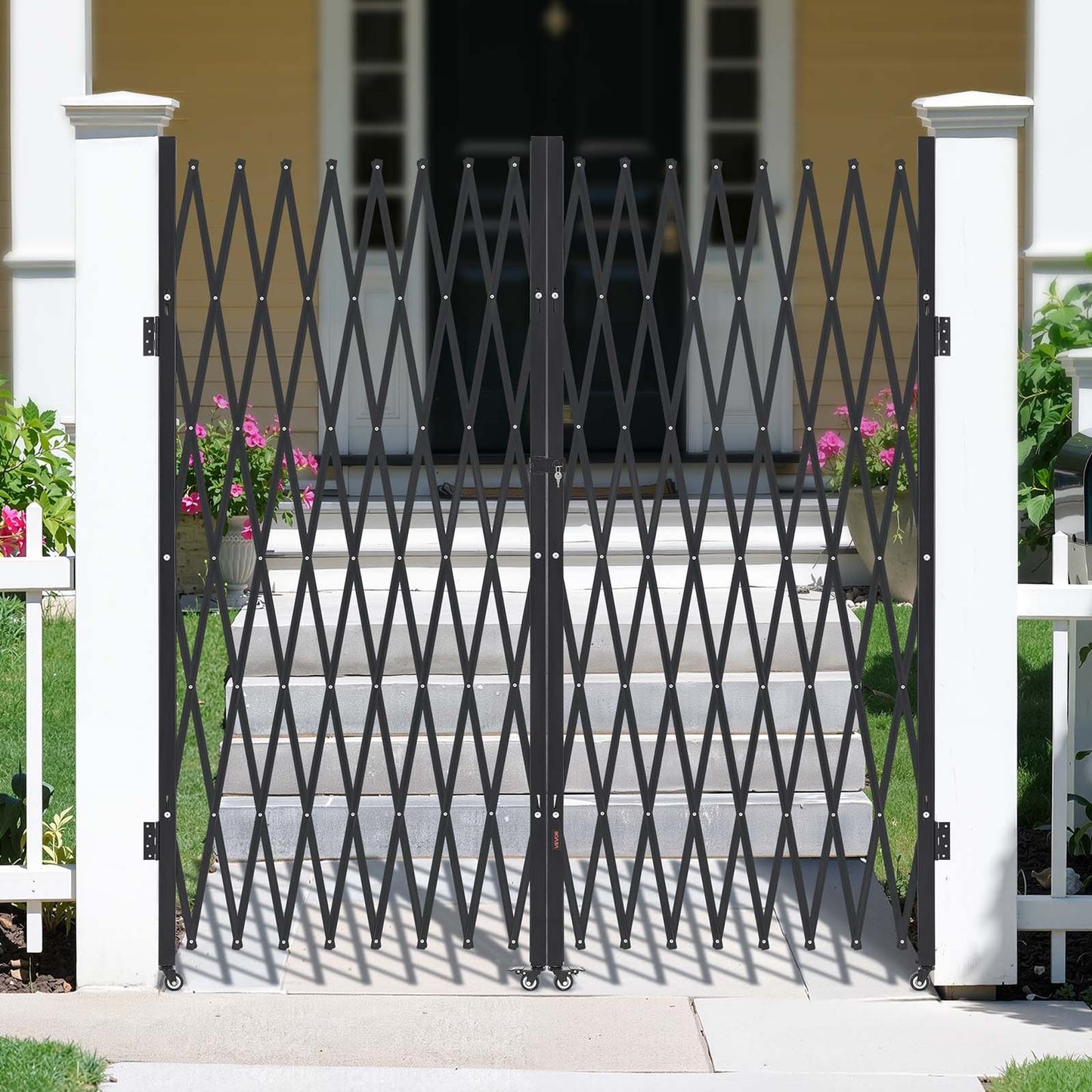 Double Folding Security Gate, Lockable Scissor Gate with 360° Swivel Casters, Outdoor Barricade Steel Retractable Gates, for Entry Security, Garage, Warehouse & Pool, 3940 x 2205 mm (W x H)