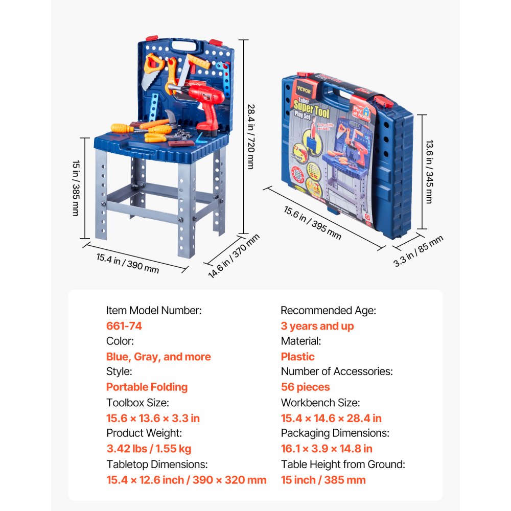 VEVOR Kids Workbench 56 pcs Tool Bench with Realistic Tools and Electric Drill