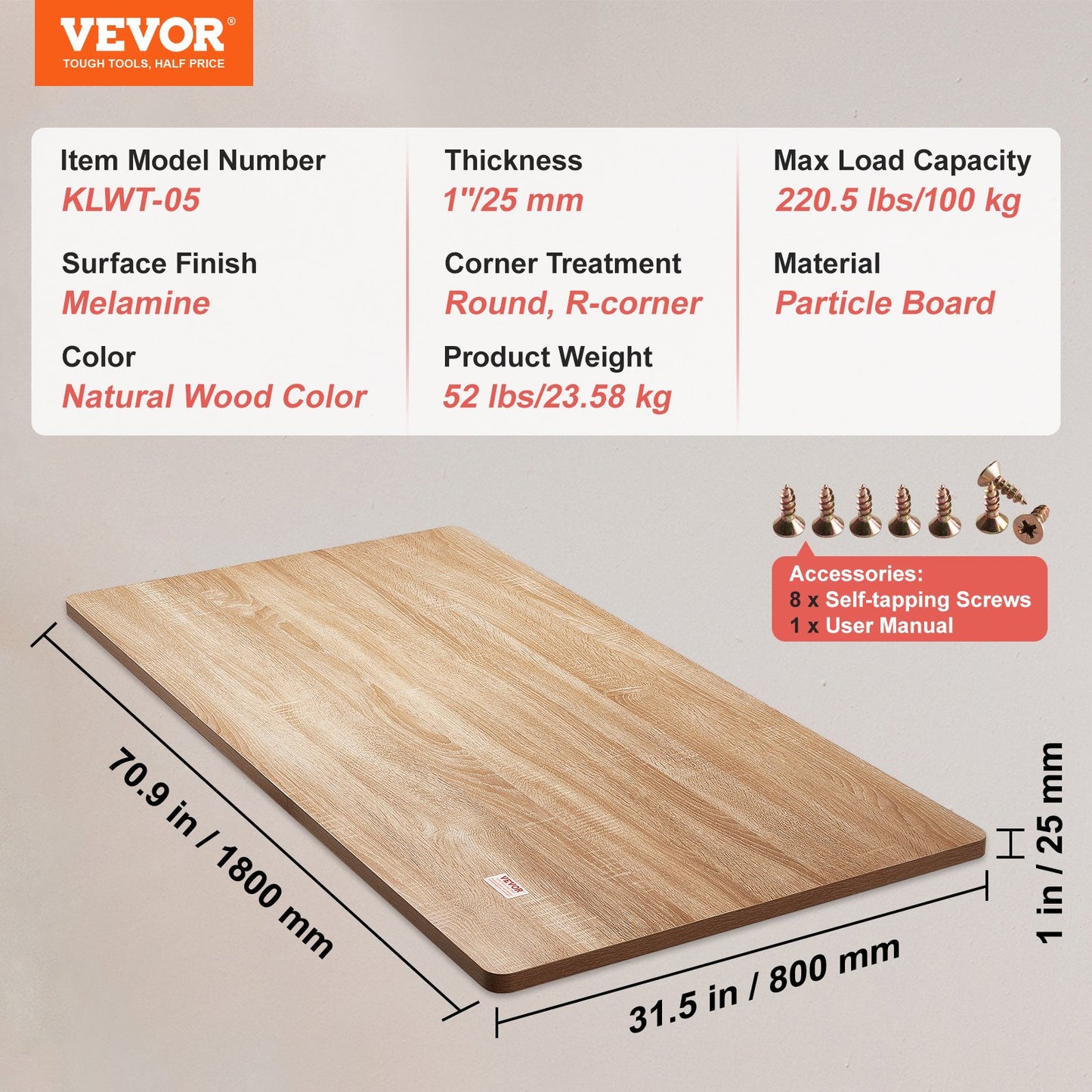 VEVOR Table Top, 70.9" x 31.5" x 1", 220.5 lbs Load Capacity, Universal One-Piece