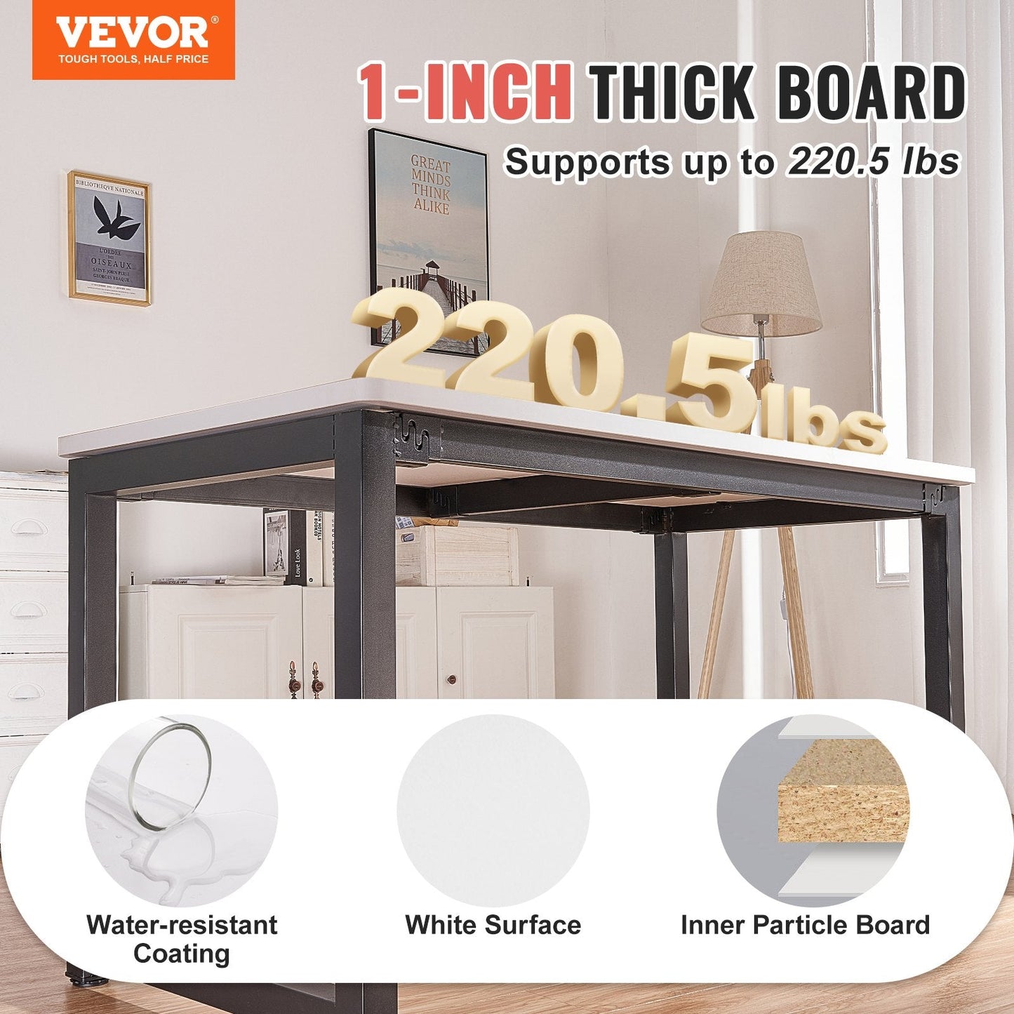 Universal Particle Board Desktop, 120 x 75 cm, 100 kg Capacity, White Rectangular Top