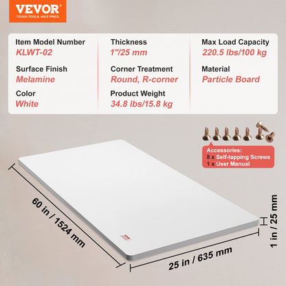VEVOR Table Top, 152.4 x 63.5 x 2.5 cm, 100 kg Load Capacity, Universal One-Piece