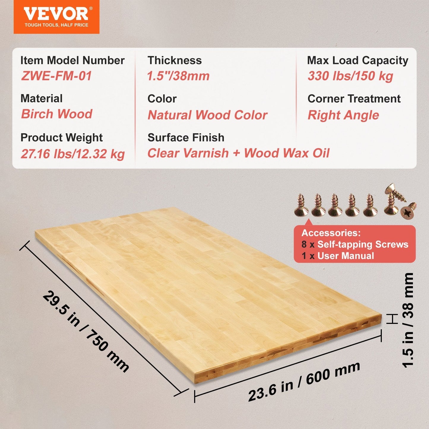 Universal Maple Wood Desktop, 75 x 60 cm, 150 kg Capacity, Water-Resistant Finish